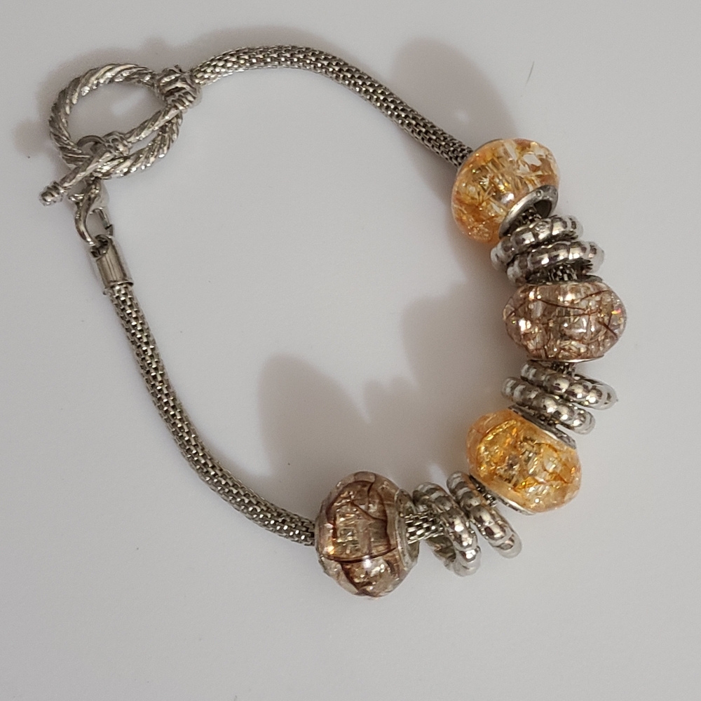 925 Murano Crackle Glass Charm Bracelet Sterling Silver Toggle Vintage Estate